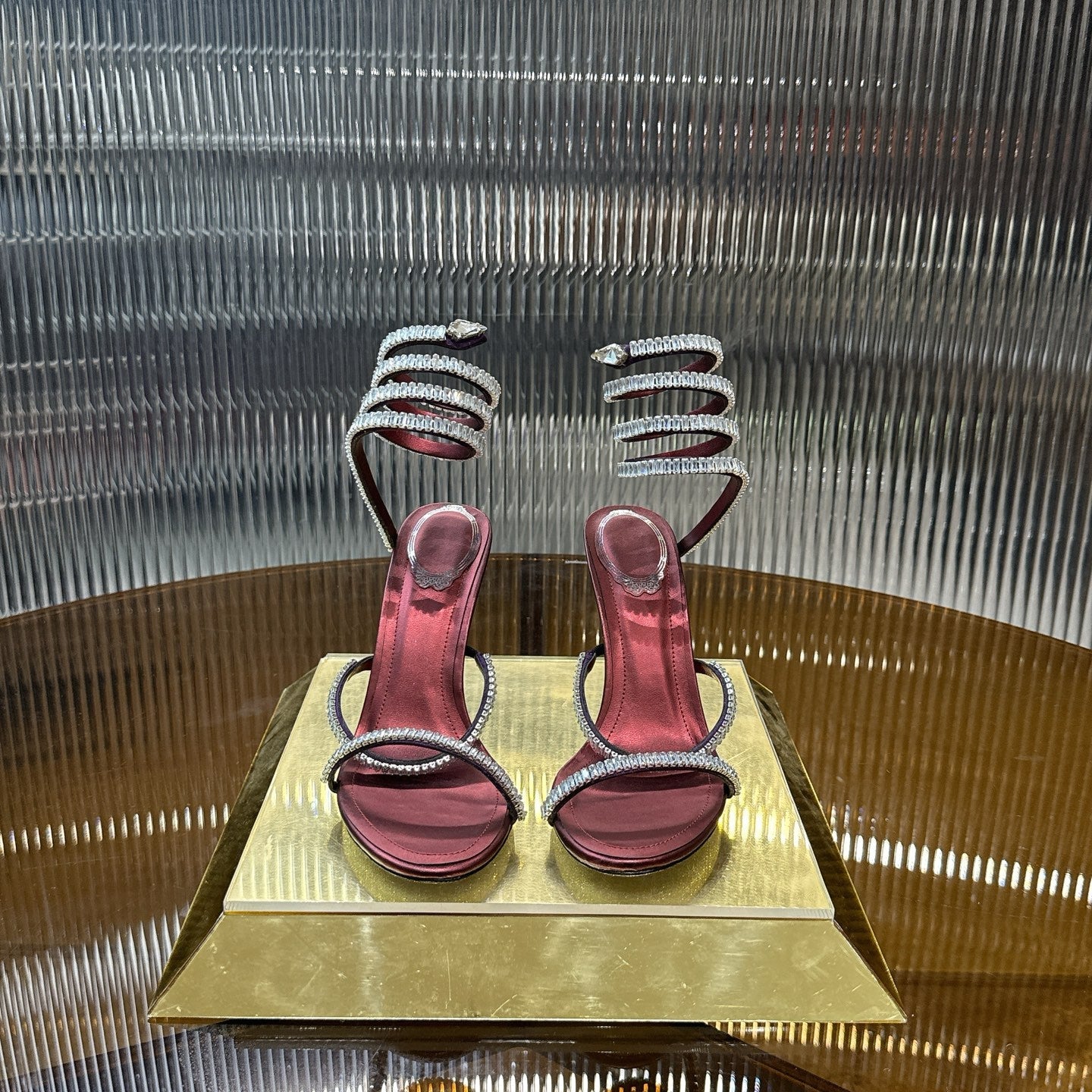 RENE CAOVILLA 26S STILETTO SANDALS 95 MM IN DARK RED LAMBSKIN