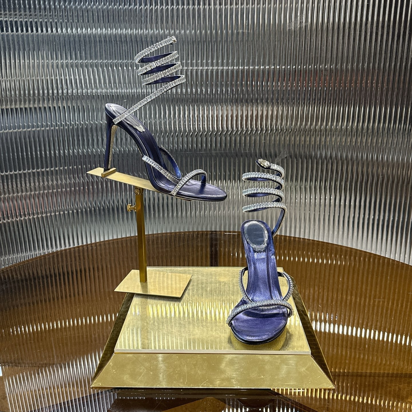 RENE CAOVILLA 26S STILETTO SANDALS 95 MM IN NAVY BLUE LAMBSKIN