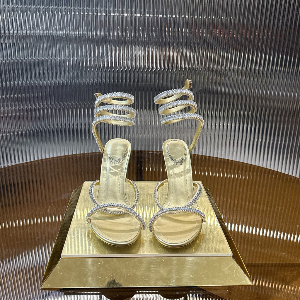 RENE CAOVILLA 26S STILETTO SANDALS 95 MM IN LIGHT GOLD LAMBSKIN