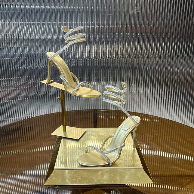 RENE CAOVILLA 26S STILETTO SANDALS 95 MM IN LIGHT GOLD LAMBSKIN