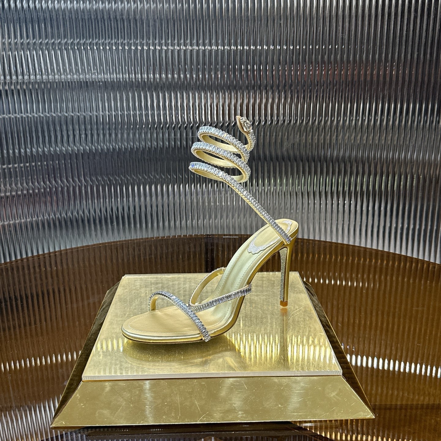 RENE CAOVILLA 26S STILETTO SANDALS 95 MM IN LIGHT GOLD LAMBSKIN