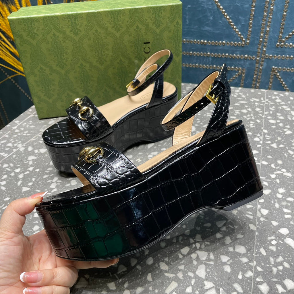 GG  HORSEBIT FLATFORM SANDAL GLOSSY BLACK CALFSKIN