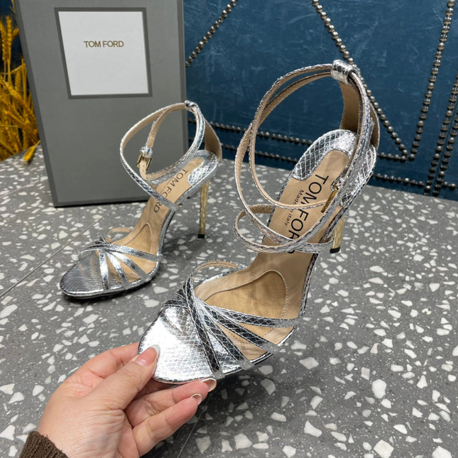 IDA SANDAL 10 CM IN SILVER SNAKE PATTERNED CALFSKIN