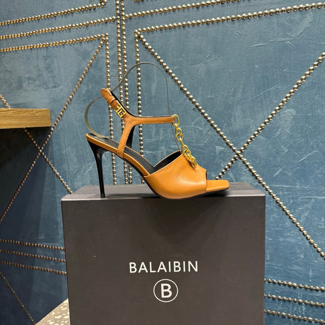BALMAIN 26S HIGH-HEEL SANDALS 95 MM IN BROWN CALFSKIN
