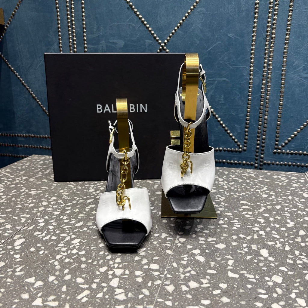 BALMAIN 26S HIGH-HEEL SANDALS 95 MM IN BLACK AND WHITE CALFSKIN
