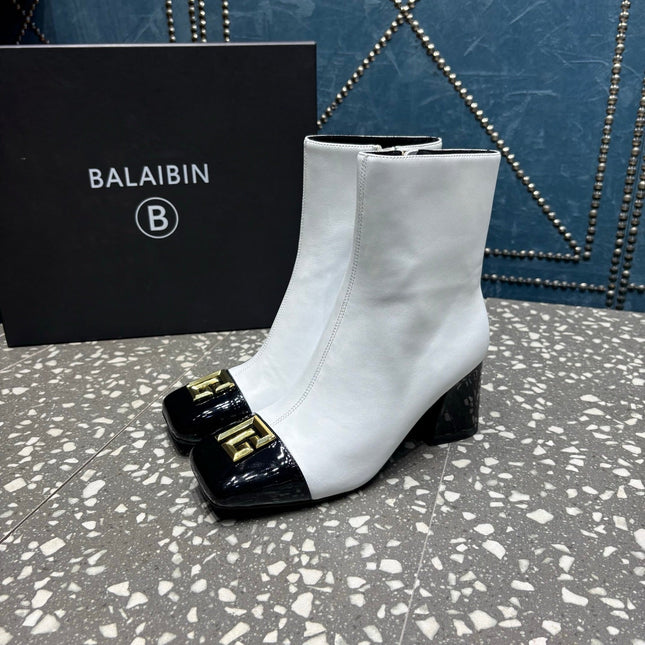 BALMAIN 26S BOOTS 65 MM IN WHITE AND BLACK CALFSKIN