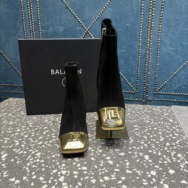 BALMAIN 26S BOOTS 65 MM IN BLACK SUEDE AND GOLD CALFSKIN