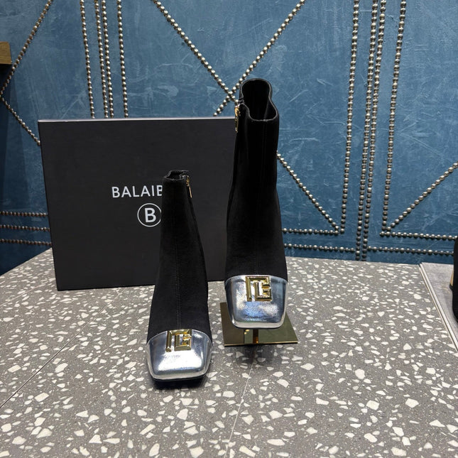 BALMAIN 26S BOOTS 65 MM IN BLACK SUEDE AND SILVER CALFSKIN