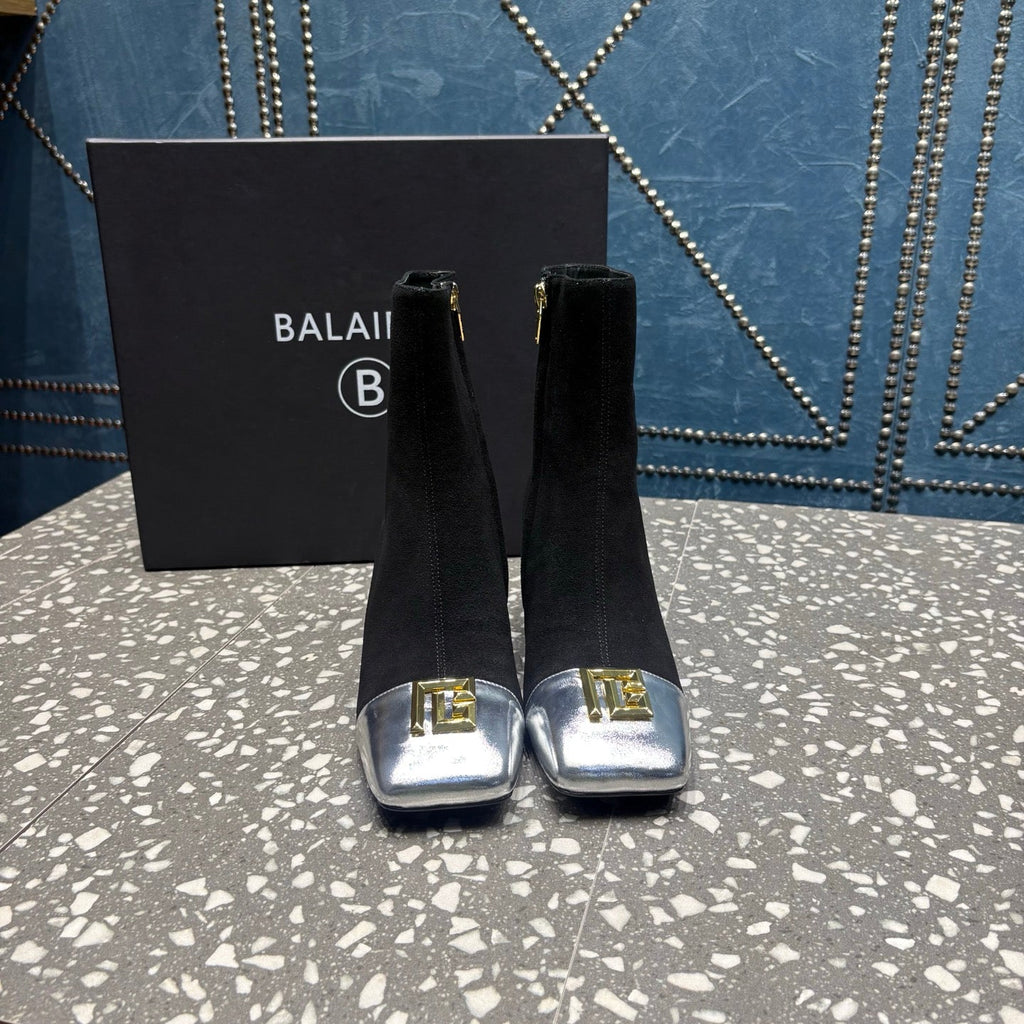 BALMAIN 26S BOOTS 65 MM IN BLACK SUEDE AND SILVER CALFSKIN