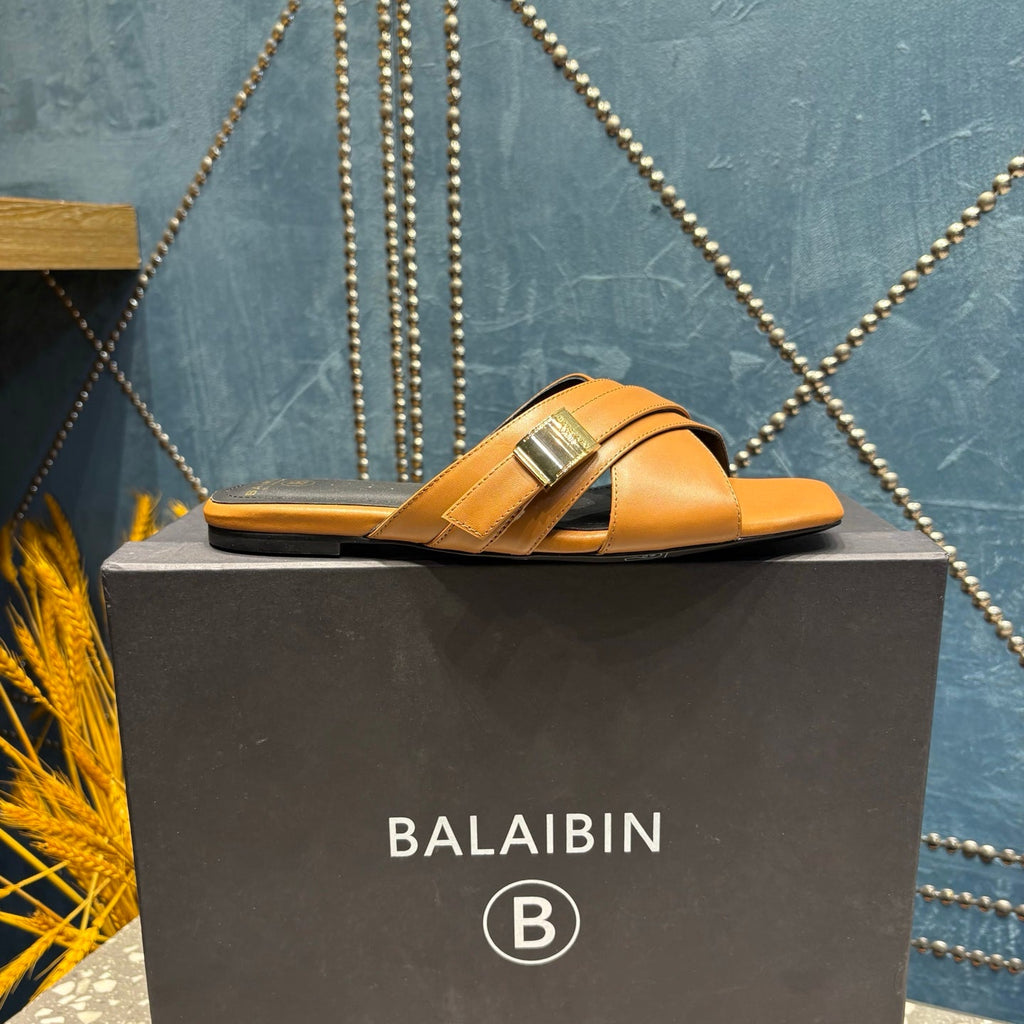 BALMAIN 26S CROSS-STRAP SLIDES IN BROWN CALFSKIN