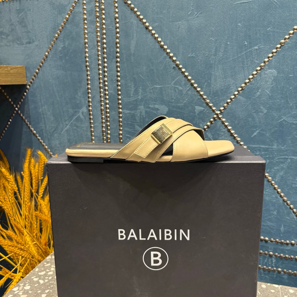 BALMAIN 26S CROSS-STRAP SLIDES IN BEIGE CALFSKIN