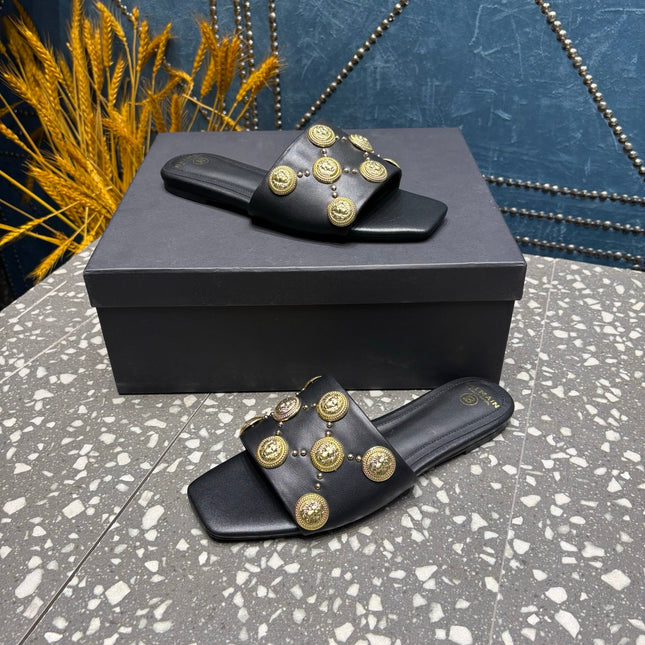 BALMAIN 26S SLIPPERS IN BLACK CALFSKIN WITH GOLD HARDWARE