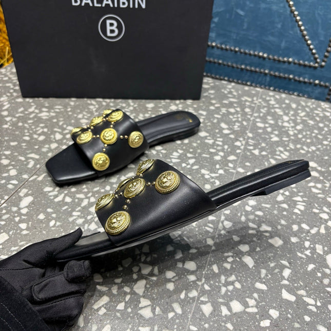 BALMAIN 26S SLIPPERS IN BLACK CALFSKIN WITH GOLD HARDWARE