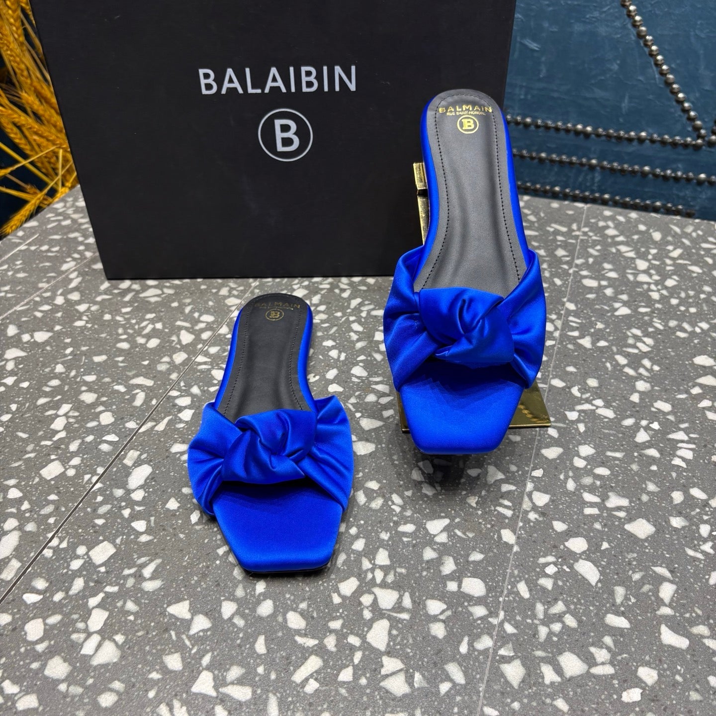 BALMAIN 26S SLIDES IN NAVY BLUE SATIN