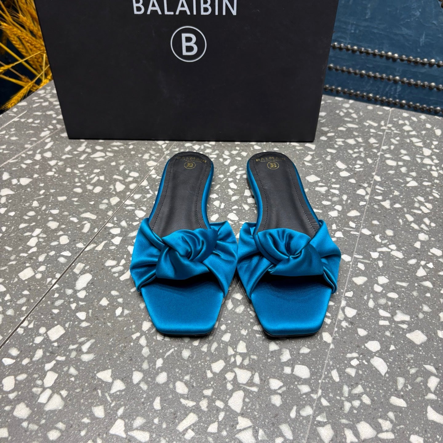 BALMAIN 26S SLIDES IN OCEAN BLUE SATIN