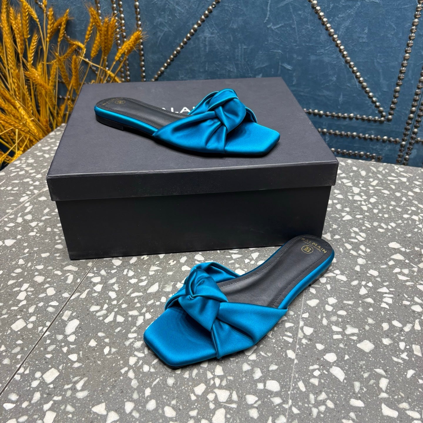 BALMAIN 26S SLIDES IN OCEAN BLUE SATIN