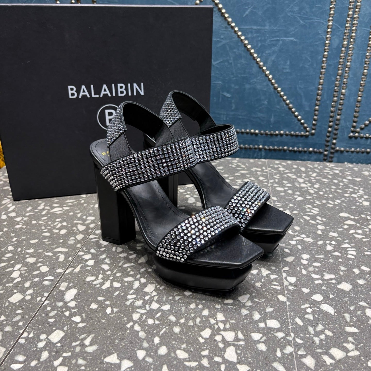BALMAIN 26S HIGH-HEELED SANDALS 105 MM IN BLACK CALFSKIN WITH SILVER STONE EMBELLISHED