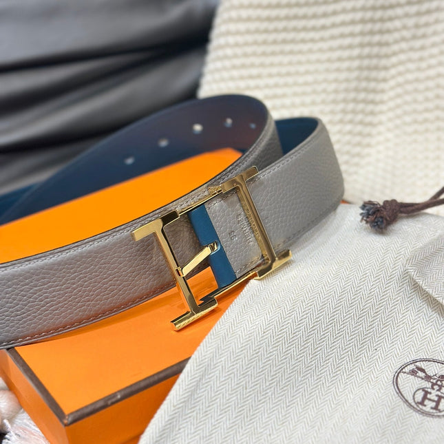 HM HADRIEN 38MM REVERSIBLE BELT GREY AND BLUE LEATHER GOLD BUCKLE