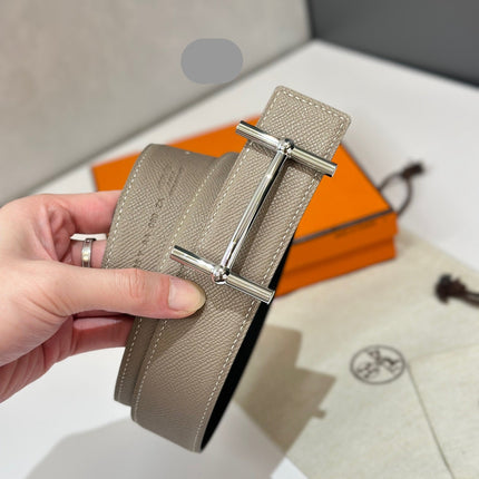 HM 26S H DANCRE BELT IN TAUPE BROWN REVERSIBLE CALFSKIN PALLADIUM HARDWARE