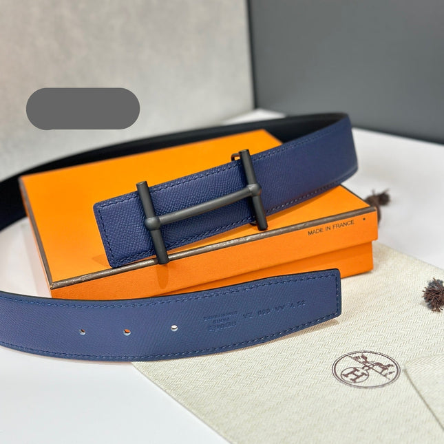 HM 26S H DANCRE BELT IN BLUE REVERSIBLE CALFSKIN PALLADIUM HARDWARE