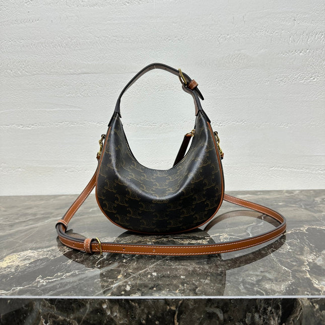 CELINE 25S TEEN LULU BAG 24 IN BLACK TRIOMPHE CANVAS AND BROWN CALFSKIN TRIM