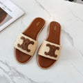 LYMPIA MULE BEIGE RAFFIA AND BROWN WOOL LOGO