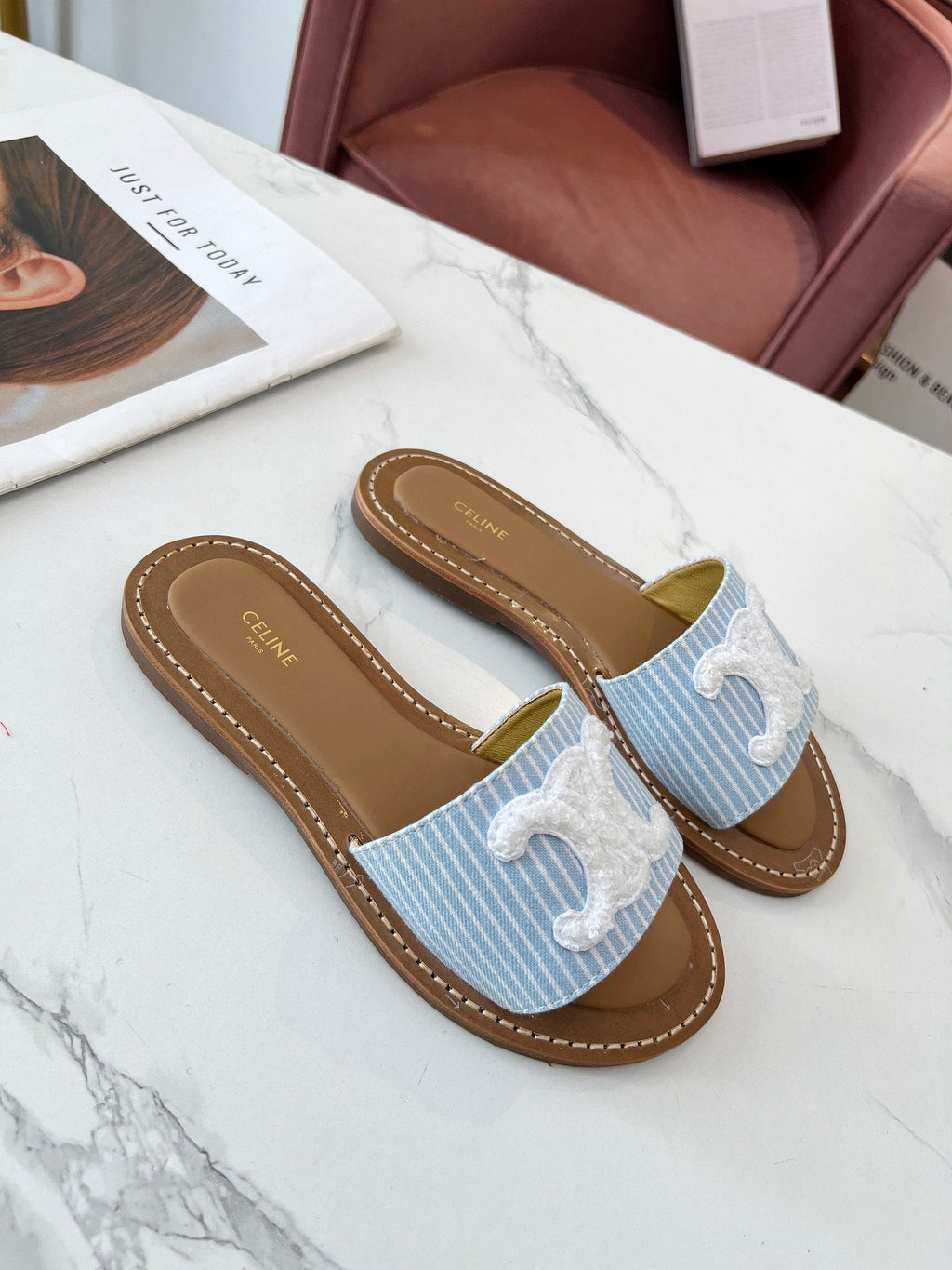 LYMPIA MULE STRIPED BLUE SKY CANVAS WOOL LOGO