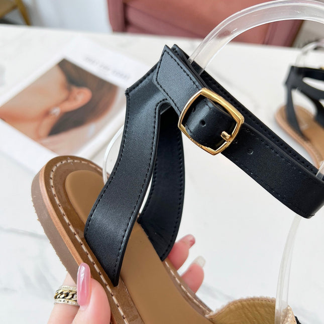 TROMPHE SANDALS BEIGE RAFFIA BLACK WOOL