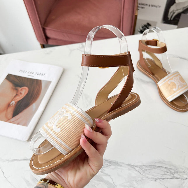LYMPIA SANDAL IN BISQUE BEIGE MIX WHITE TRIOMPHE JACQUARD CANVAS & CALFSKIN