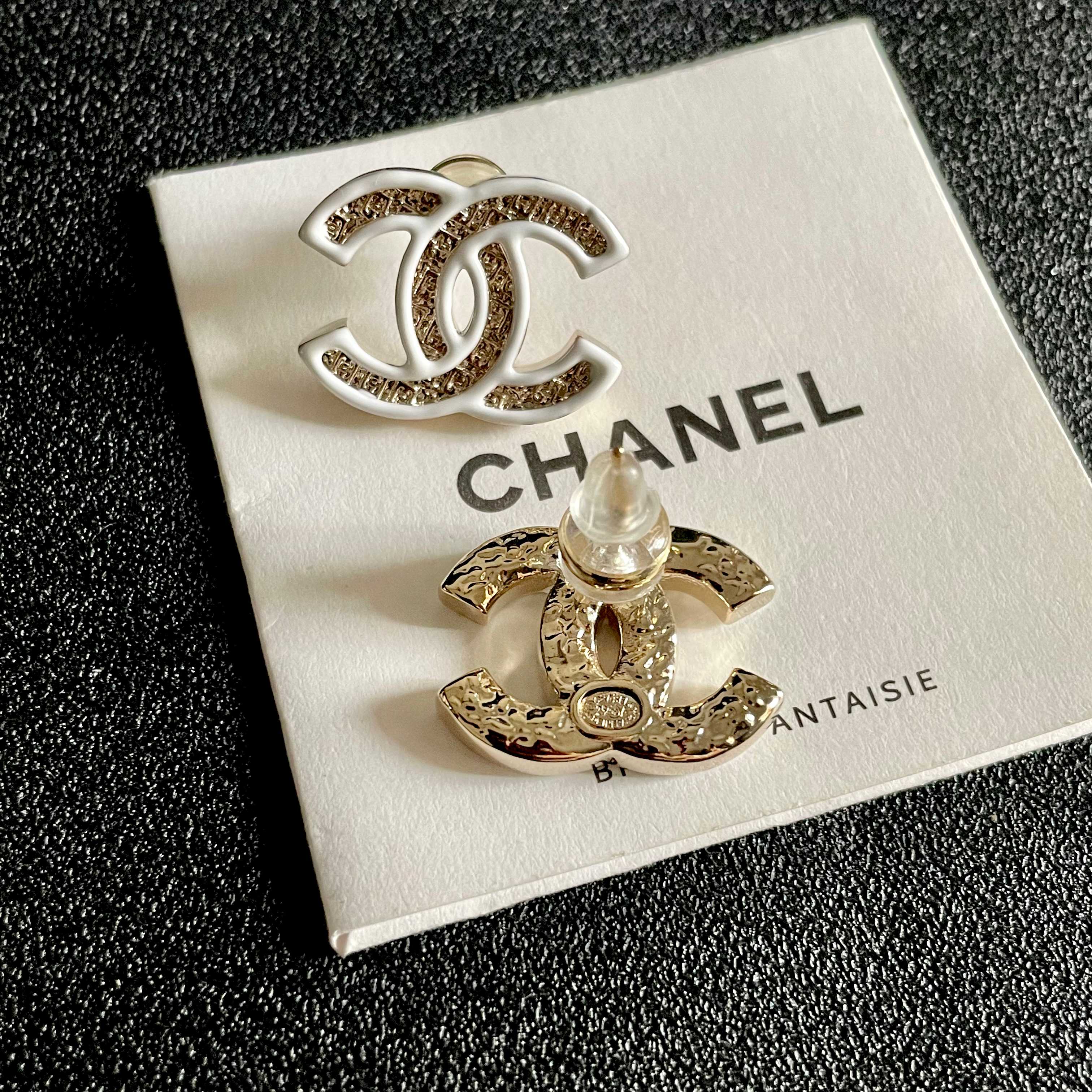 DOUBLE C STUD EARRINGS WITH WHITE TRIM AND CENTER STONE