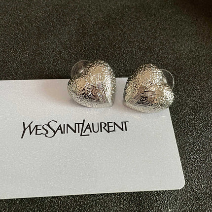 YSL 26S TEXTURED HEART STUD EARRINGS IN SILVER TONE METAL 622901