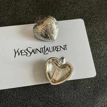 YSL 26S TEXTURED HEART STUD EARRINGS IN SILVER TONE METAL 622901