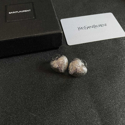 YSL 26S TEXTURED HEART STUD EARRINGS IN SILVER TONE METAL 622901