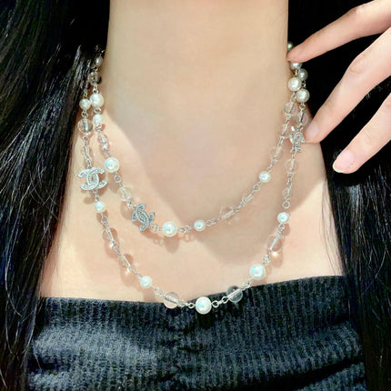 CHANEL 26S DOUBLE C LOGO PEARL & CRYSTAL LAYERED CHAIN NECKLACE IN SILVER METAL 629169