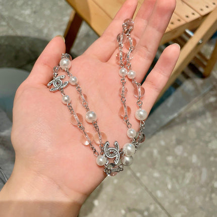 CHANEL 26S DOUBLE C LOGO PEARL & CRYSTAL LAYERED CHAIN NECKLACE IN SILVER METAL 629169