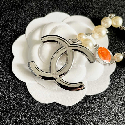 CHANEL 26S CC MARBLE PEARL CHAIN NECKLACE IN SILVER METAL 630056