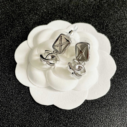 CHANEL 26S DOUBLE C LOGO QUILTED RECTANGULAR DROP EARRINGS IN SILVER METAL 630071