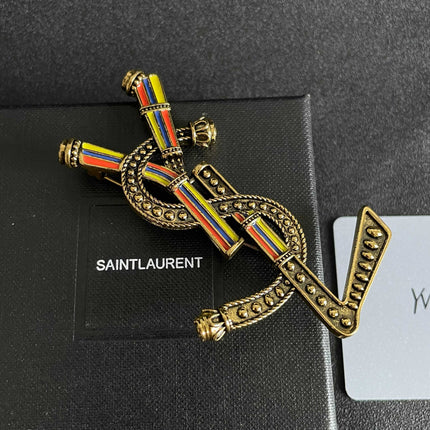 YSL 26S RAINBOW STRIPE LOGO BROOCH IN AGED GOLD TONE METAL 634975