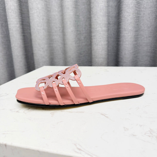 LOEWE 26S FLAT SANDALS IN PINK CALFSKIN WITH CRYSTALS