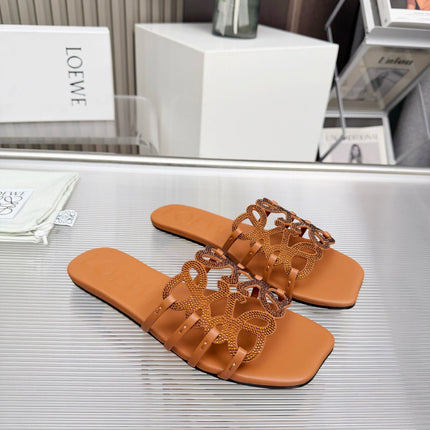 LOEWE 26S FLAT SANDALS IN BURNT ORANGE CALFSKIN WITH CRYSTALS