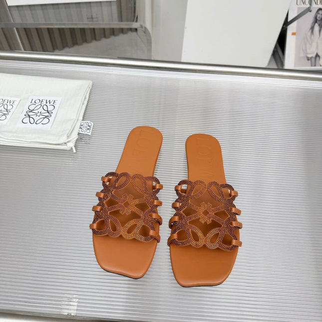 LOEWE 26S FLAT SANDALS IN BURNT ORANGE CALFSKIN WITH CRYSTALS