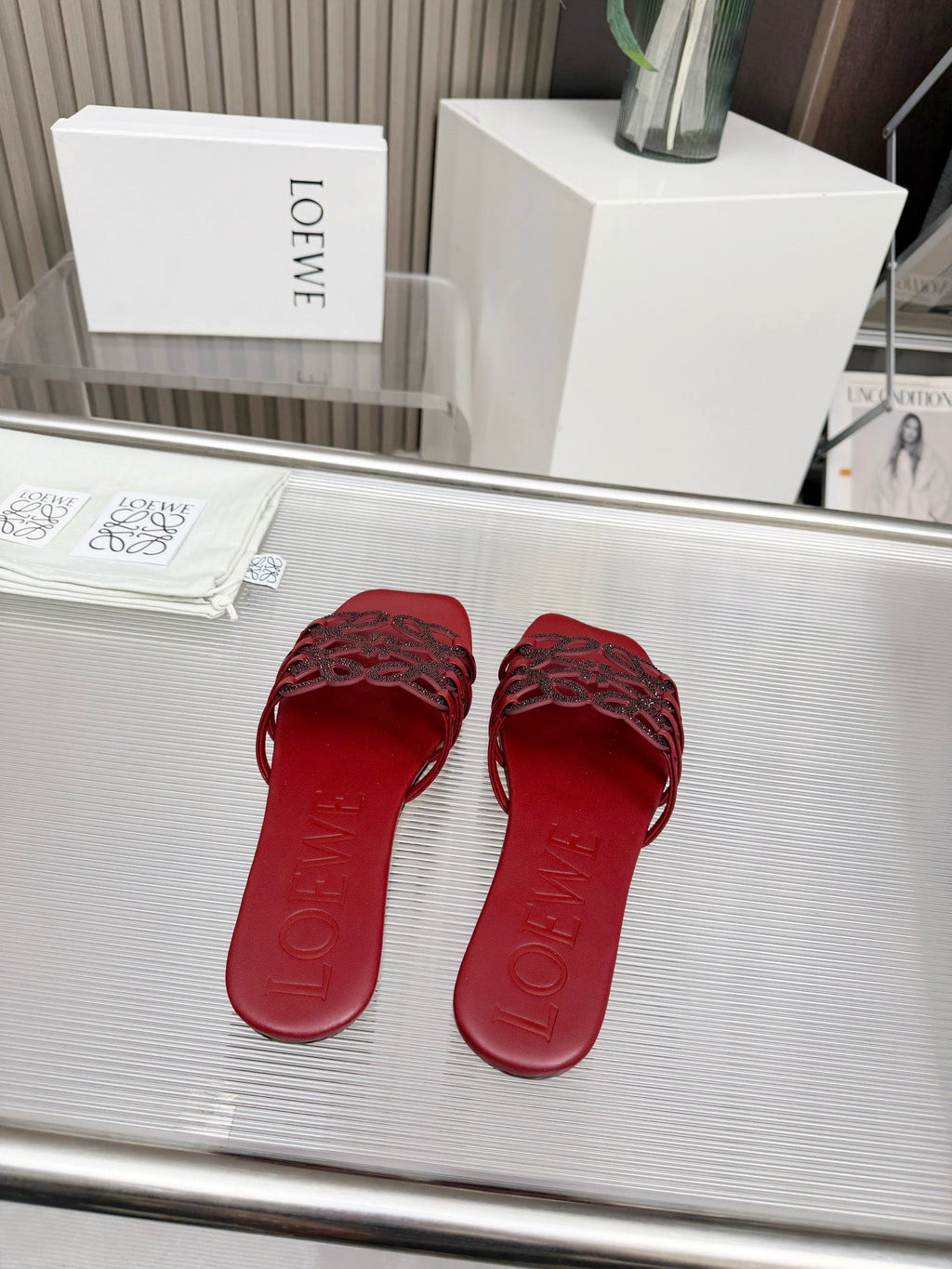 LOEWE 26S FLAT SANDALS IN DARK RED CALFSKIN WITH CRYSTALS