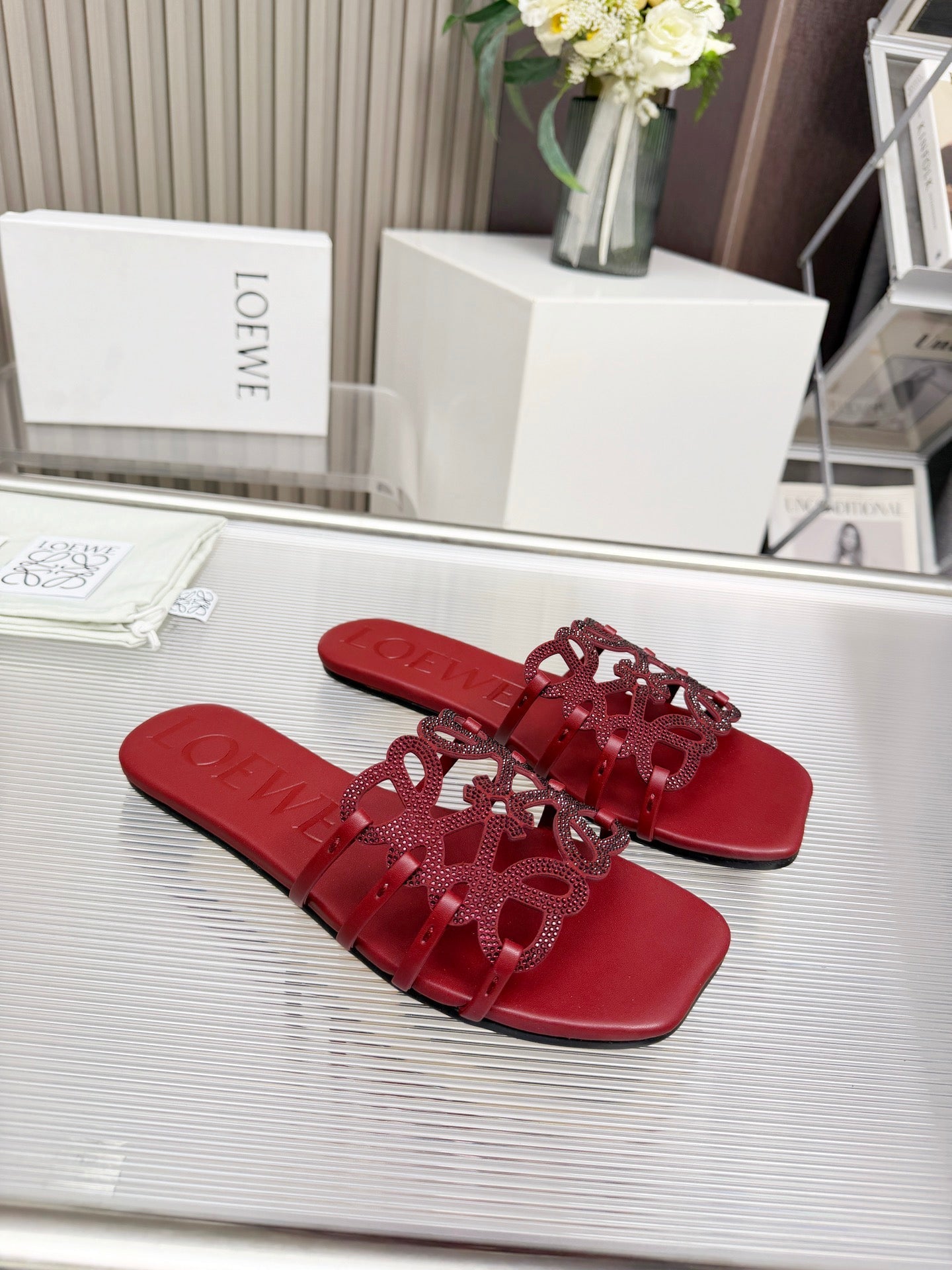 LOEWE 26S FLAT SANDALS IN DARK RED CALFSKIN WITH CRYSTALS