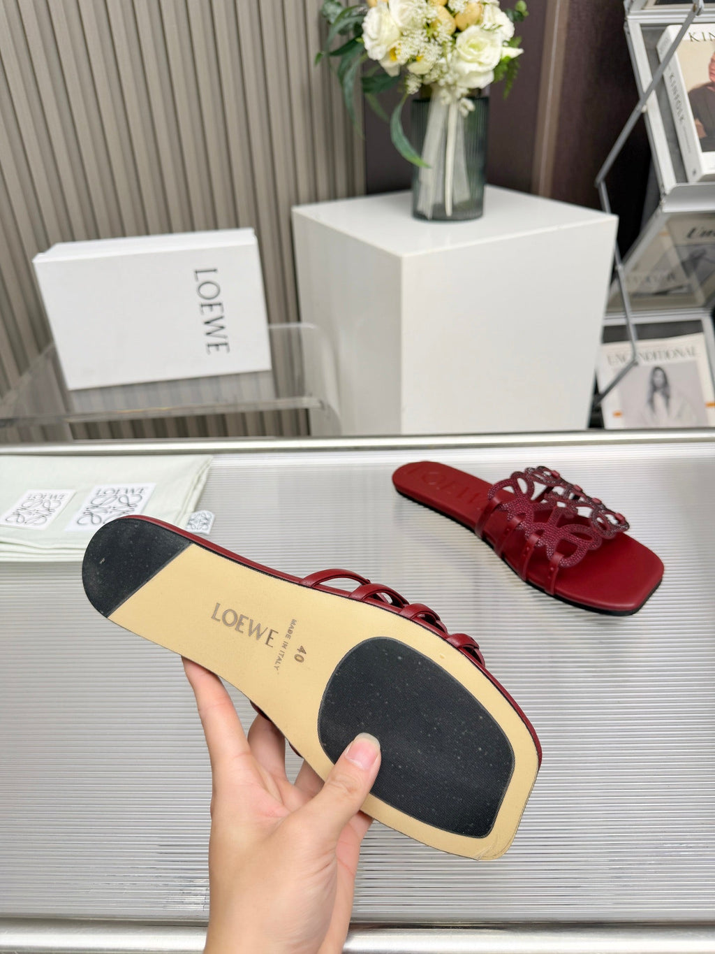 LOEWE 26S FLAT SANDALS IN DARK RED CALFSKIN WITH CRYSTALS