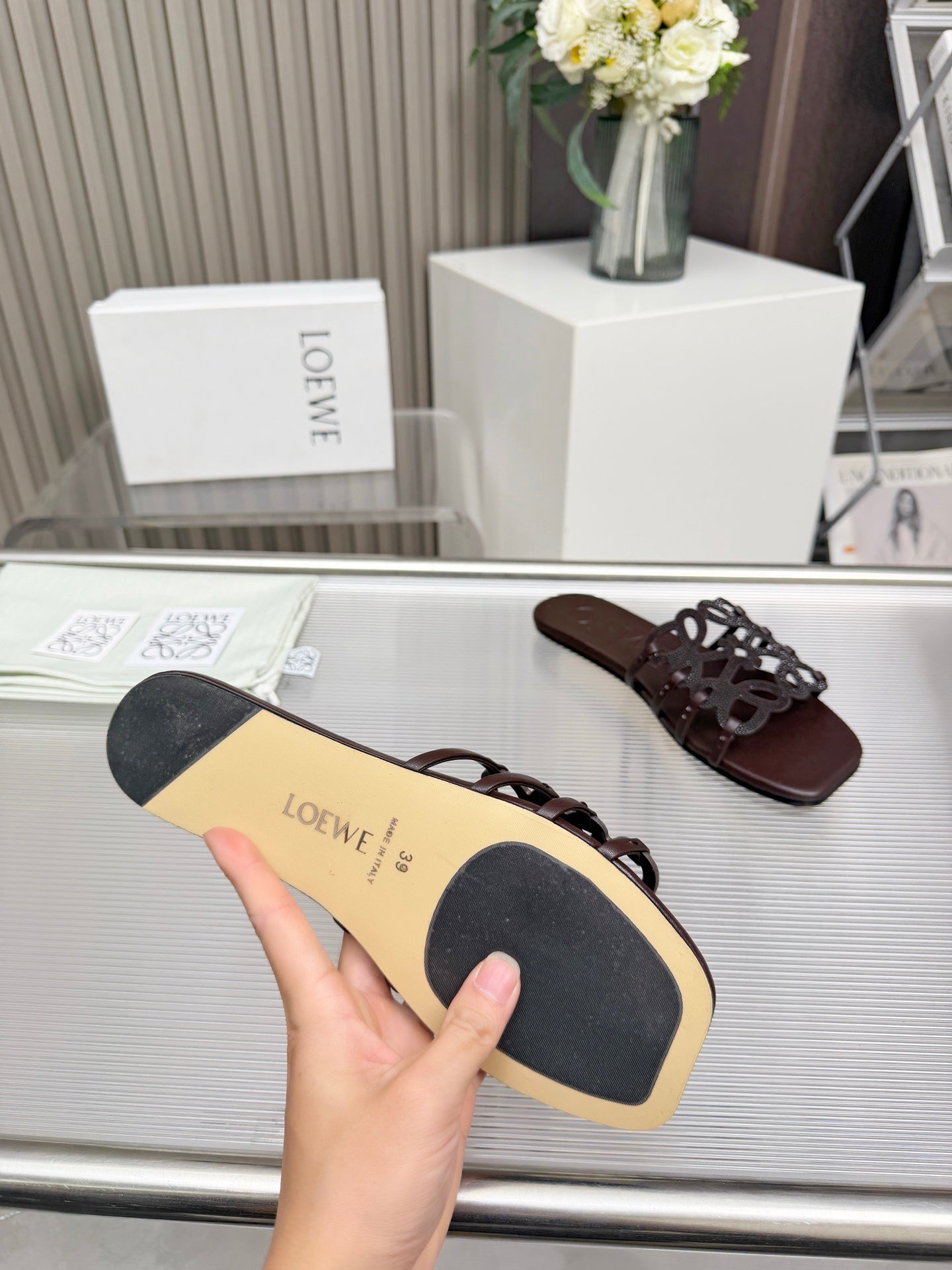 LOEWE 26S FLAT SANDALS IN DARK BROWN CALFSKIN WITH CRYSTALS