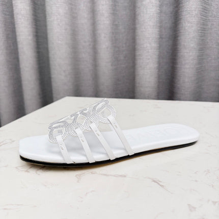 LOEWE 26S FLAT SANDALS IN WHITE CALFSKIN WITH CRYSTALS