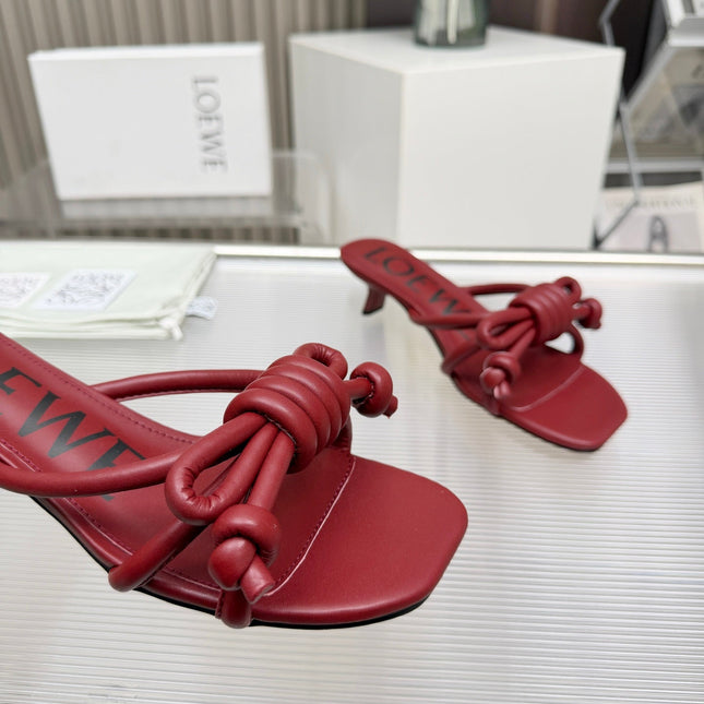LOEWE 26S KITTEN HEEL KNOT SANDALS 45MM IN BURGUNDY RED CALFSKIN