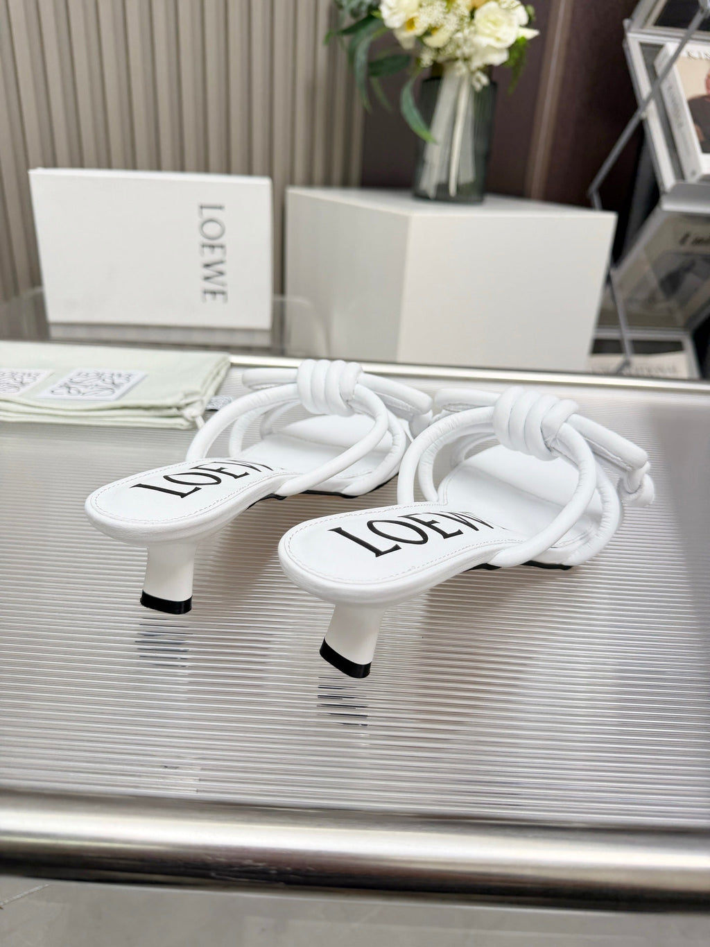 LOEWE 26S KITTEN HEEL KNOT SANDALS 45MM IN WHITE CALFSKIN