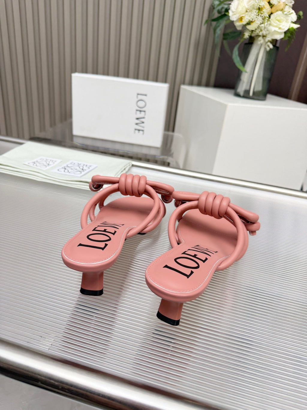 LOEWE 26S KITTEN HEEL KNOT SANDALS 45MM IN PINK CALFSKIN
