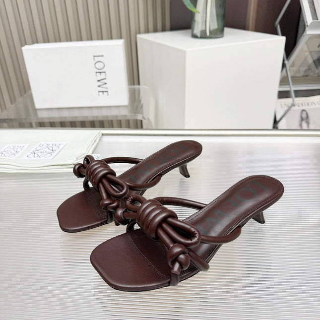 LOEWE 26S KITTEN HEEL KNOT SANDALS 45MM IN DARK BROWN CALFSKIN